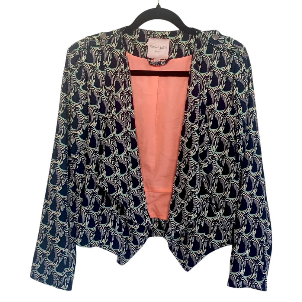 ROMEO & JULIET COUTURE Fox Novelty Animal Print Blue Green Blazer Jacket Medium